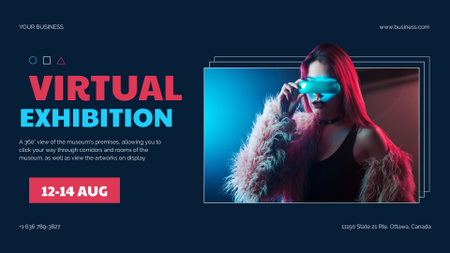 Ontwerpsjabloon van FB event cover van Aankondiging van virtuele tentoonstelling met mooie vrouw