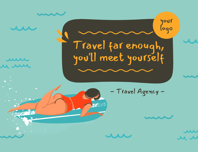Designvorlage Inspiration Phrase about Travel with Cartoon Illustration of Woman on Beach für Thank You Card 5.5x4in Horizontal