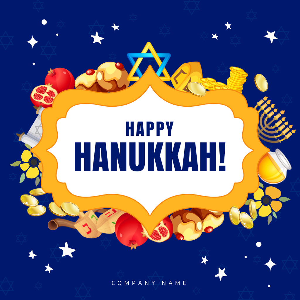 Happy Hanukkah Holiday With Colorful Symbols Instagram Design Template