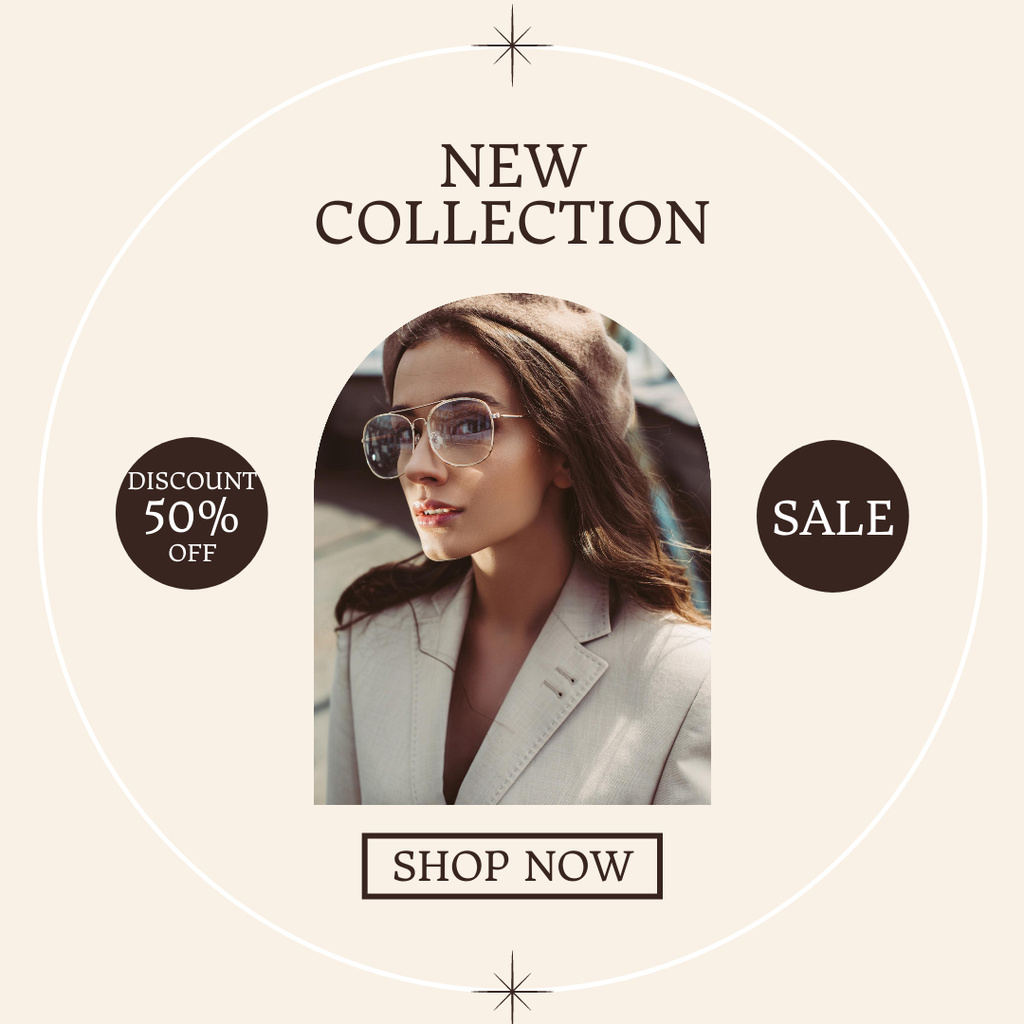 Plantilla de diseño de Discount of Sale with Woman in Stylish Glasses Instagram 