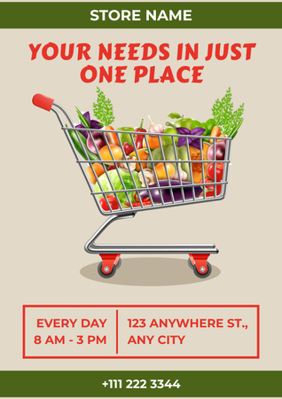 Platilla de diseño Plenty Of Food In Trolley In Supermarket Poster