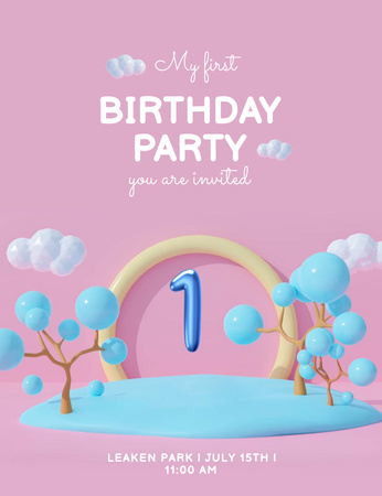 Baby Birthday Party Bright Announcement Invitation 13.9x10.7cm Design Template