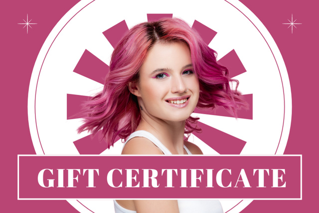 Smiling Woman with Bright Pink Hair Gift Certificate Design Template