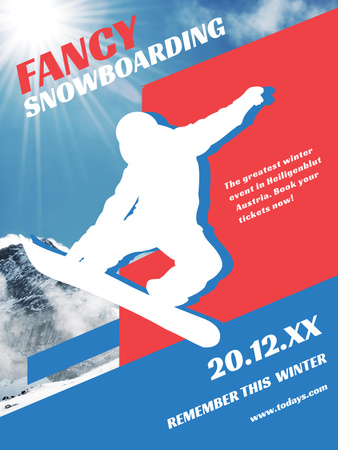 Snowboard Event announcement Man riding in Snowy Mountains Poster US Design Template