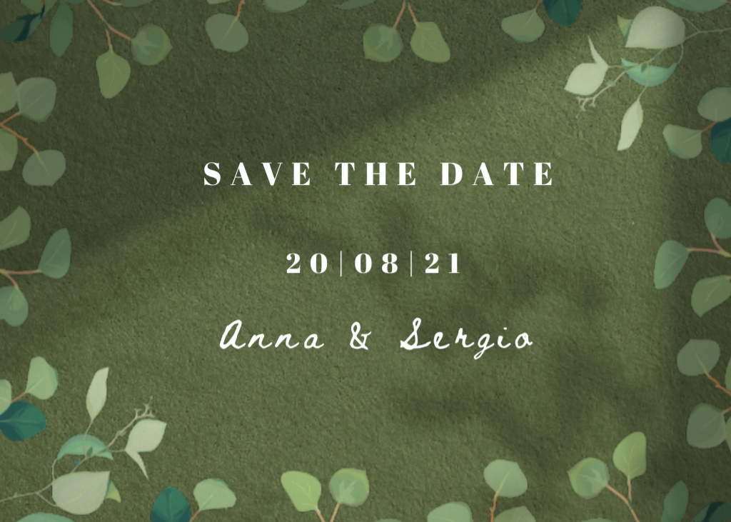 Template di design Wedding Day Announcement In Twigs with Green Leaves Postcard 5x7in