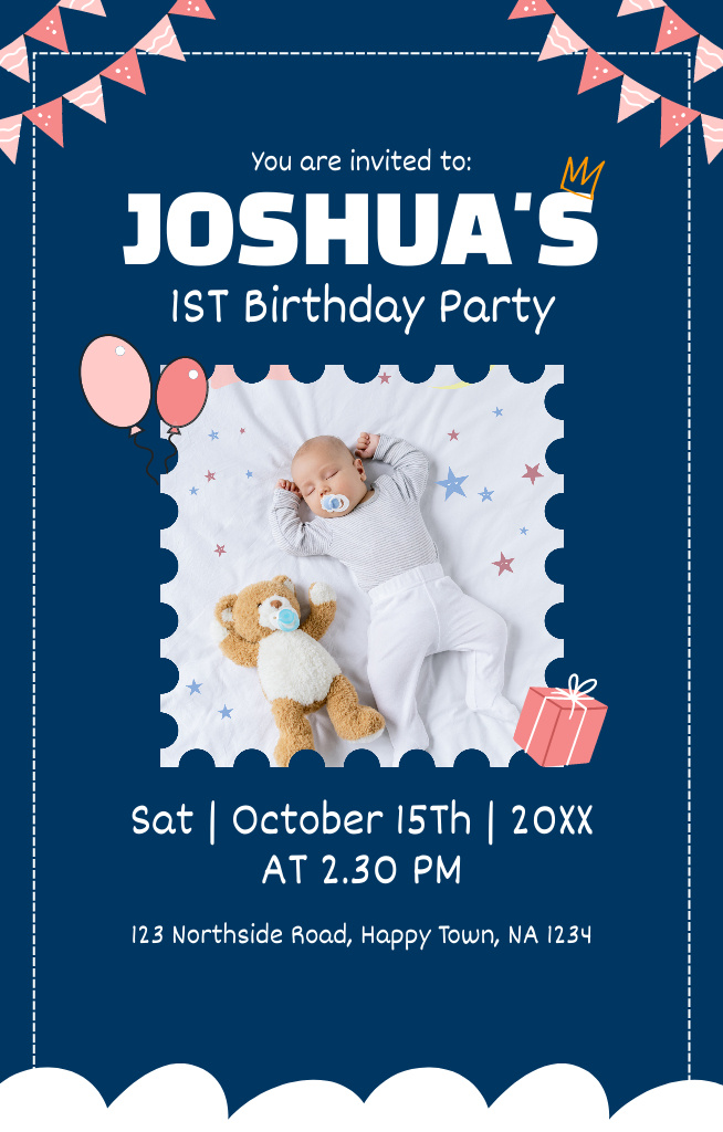 Baby Birthday Party Announcement on Blue Invitation 4.6x7.2in Šablona návrhu