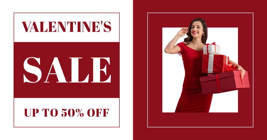 Valentine's Day Sale Announcement with Woman in Red Dress with Gifts Facebook AD Design Template