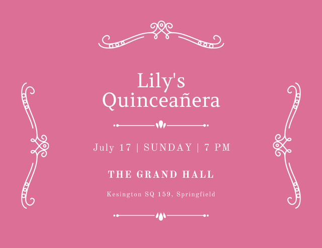 Announcement of Quinceañera Event In Pink With Ornaments Invitation 13.9x10.7cm Horizontalデザインテンプレート