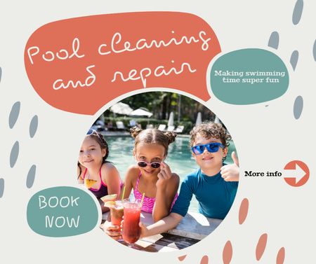 Swimming Pool Cleaning and Repair Service Offer with Cute Kids Facebook Design Template