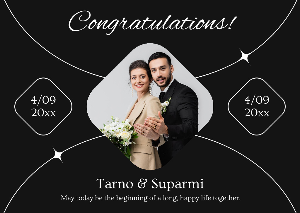Wedding Congratulations Message with Happy Young Couple Card Tasarım Şablonu