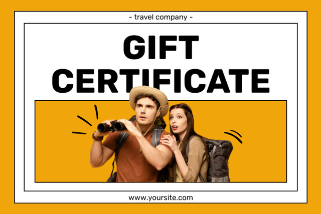 Ontwerpsjabloon van Gift Certificate van Couple of Hikers Exploring the World