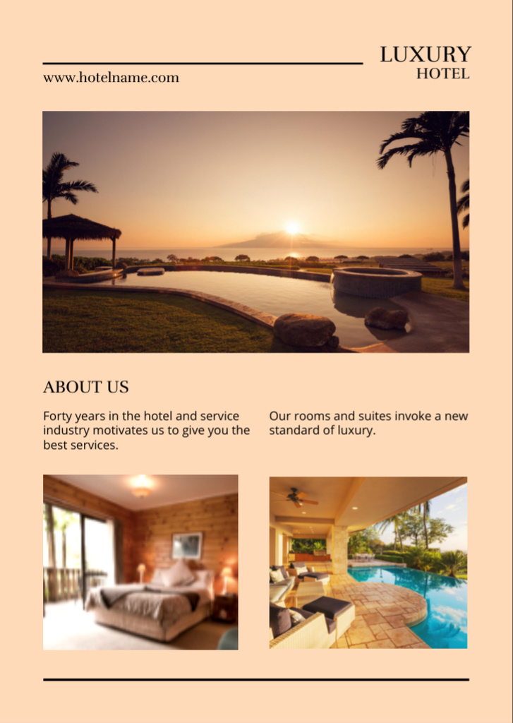 Luxury Hotel Ad with Big Pool and Stylish Rooms Flyer A6デザインテンプレート