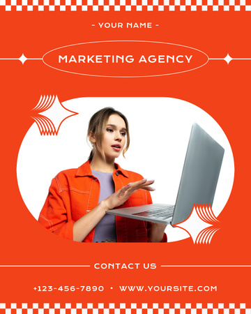 Plantilla de diseño de Propuesta de servicio de agencia de marketing con mujer con computadora portátil Instagram Post Vertical 