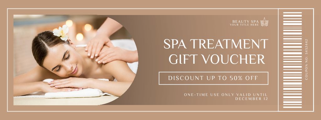 Platilla de diseño Spa Treatment Discount with Woman relaxing at Massage Coupon