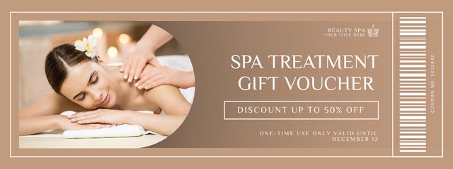 Spa Treatment Discount with Woman relaxing at Massage Coupon tervezősablon