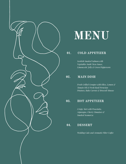 Stylish Minimalist List of Wedding Appetizers with Silhouettes Menu 8.5x11in Design Template