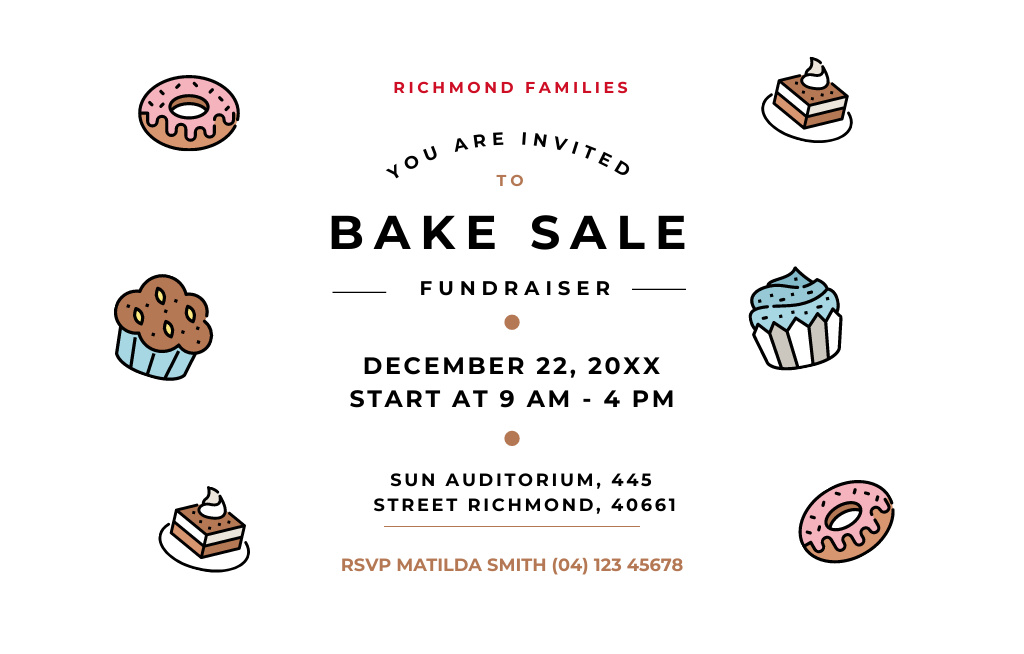 Bakery Sale Fundraiser With Gourmet Cupcakes Illustration Invitation 4.6x7.2in Horizontal Design Template