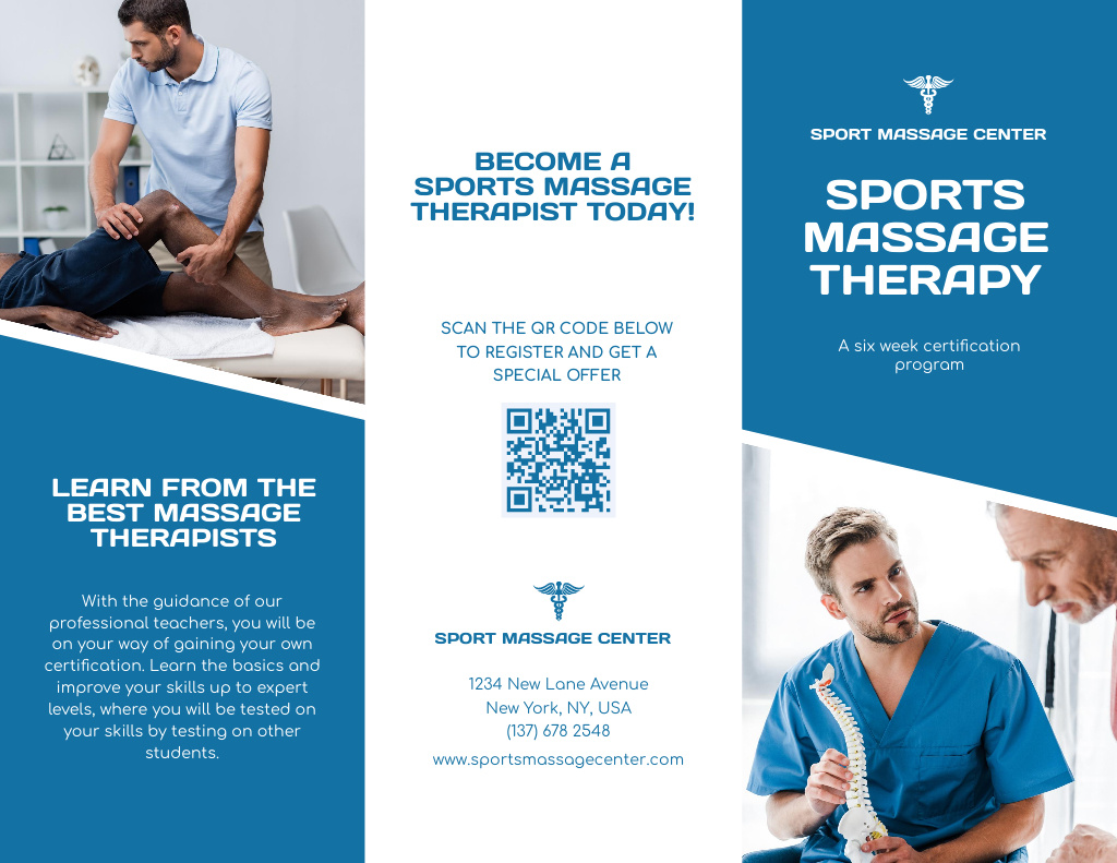 Sport Massage Center Ad with Therapist and Patient Brochure 8.5x11in Tasarım Şablonu