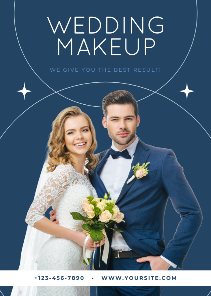 Wedding Makeup Offer with Smiling Bride and Handsome Groom Flayer Tasarım Şablonu