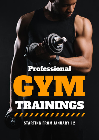 Platilla de diseño Gym Advertisement with Muscular Man Lifting Dumbbell Flyer A7