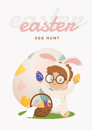 Pääsiäismunien metsästysilmoitus hauskan lapsen kanssa ja kori täynnä pääsiäismunia Flayer Design Template
