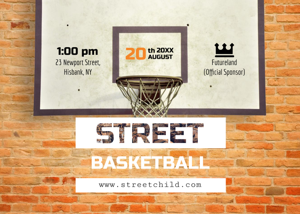 Street Basketball Championship Ad on Background of Brick Wall Flyer 5x7in Horizontal Design Template
