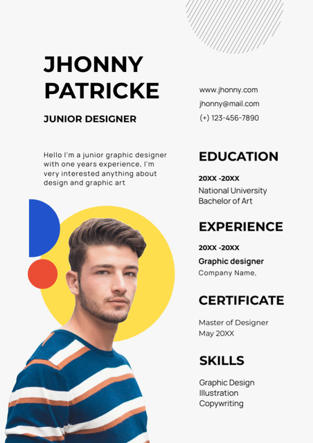 Ontwerpsjabloon van Resume van Junior Graphic Designer Skills With Certificate