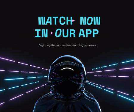 Mobile App Ad with Futuristic Astronaut In Black Facebook Design Template