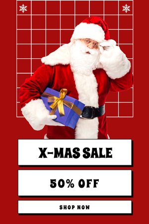 X-mas Sale Announcement with Santa Claus Holding Gift Pinterest Design Template