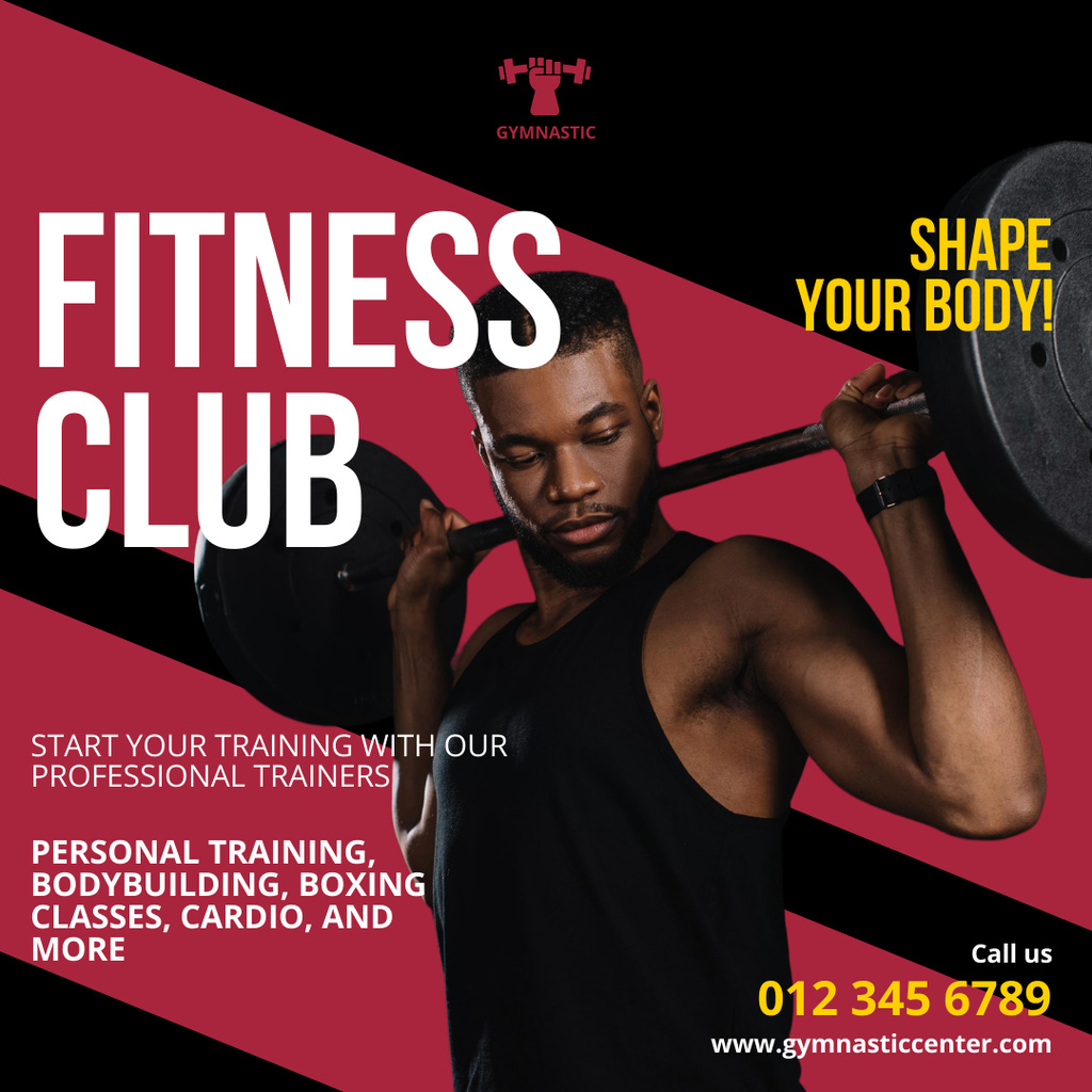 Fitness Club Ad with Man Lifting a Barbell Instagram Tasarım Şablonu
