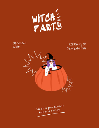 Plantilla de diseño de anuncio de fiesta de halloween con linda chica en traje de bruja Invitation 13.9x10.7cm 