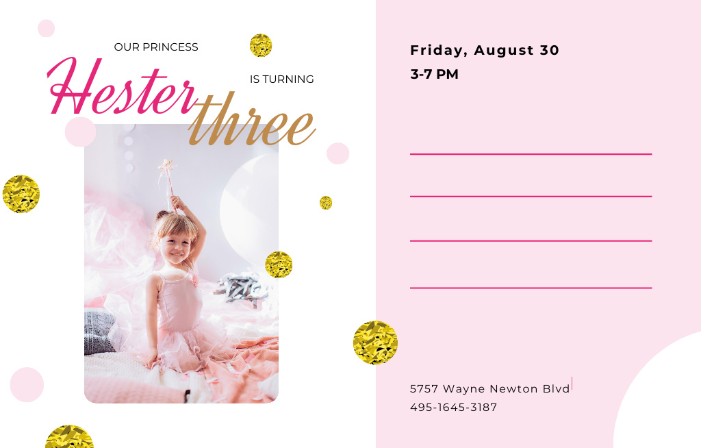 Kid Birthday With Little Girl in Princess Dress Invitation 4.6x7.2in Horizontal Design Template