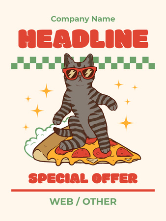 Special Offer with Illustration of Cute Cat on Pizza Poster US Design Template