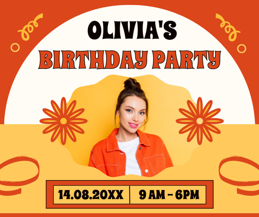 Announcement of Birthday Party with Young Girl in Orange Facebook Modelo de Design