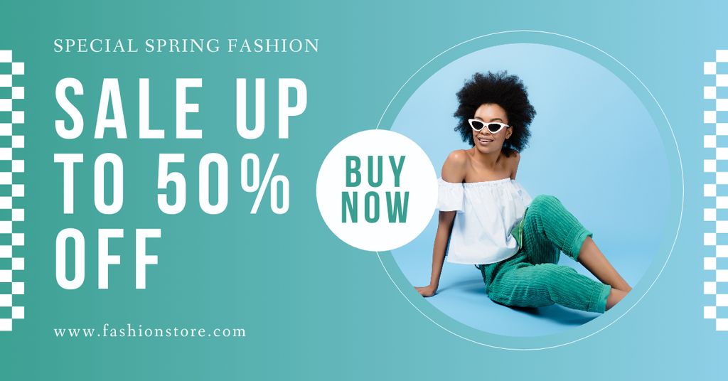 Spring Fashion Sale Announcement with Beautiful Young African American Woman Facebook ADデザインテンプレート