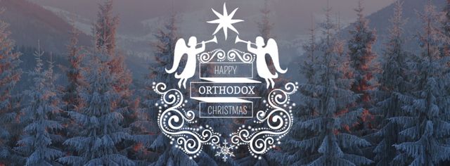 Ontwerpsjabloon van Facebook cover van Orthodox Christmas Greeting with Snowy Forest
