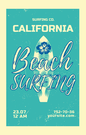 Template di design Offerta Surf Tour con tavola da surf su Blue Invitation 4.6x7.2in