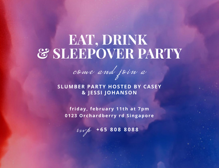 Designvorlage Sleepover-Party-Ankündigung mit lila Wolken für Invitation 13.9x10.7cm Horizontal