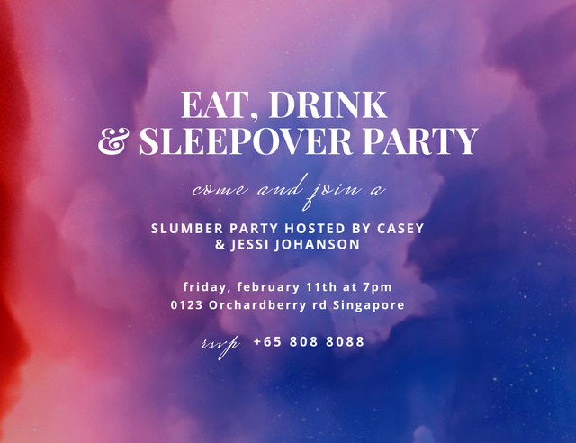 Plantilla de diseño de Sleepover Party Announcement with Purple Clouds Invitation 13.9x10.7cm Horizontal 