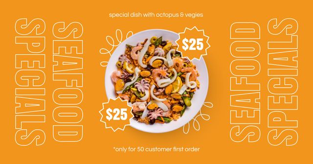 Platilla de diseño Seafood Specials Offer with Tasty Salad Facebook AD