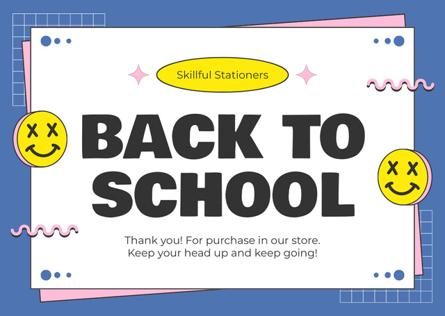Designvorlage School Store Advertisement with Yellow Emoji für Card