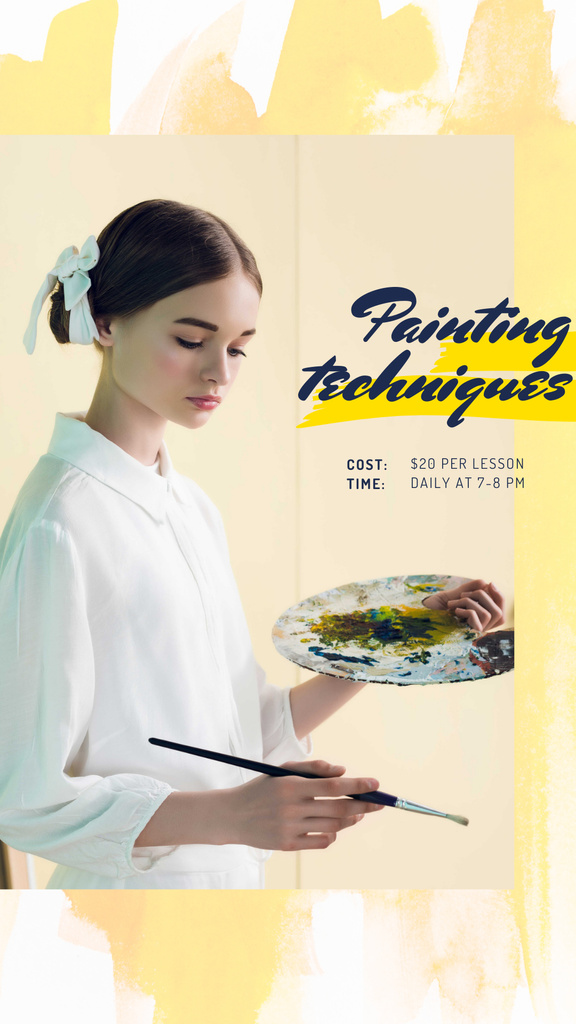 Painting Courses with Girl Holding Brush and Palette Instagram Story Tasarım Şablonu