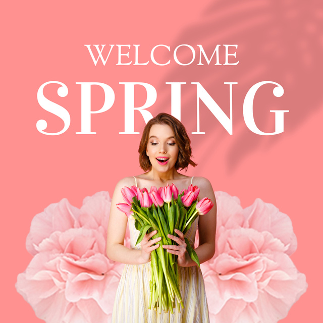 Spring Greeting with Woman Holding Bouquet Instagram Design Template