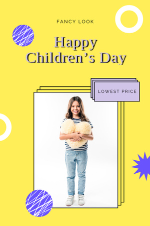 Children's Day Greeting With Girl Holding Toy in Yellow Postcard 4x6in Vertical Design Template