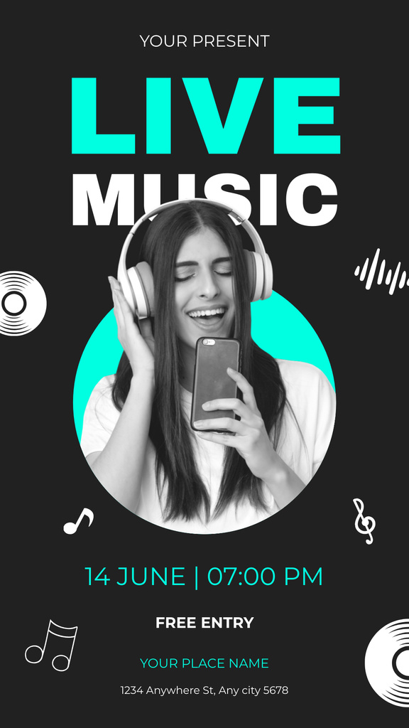 Modèle de visuel Live Music Concert with Singing Young Woman in Headphones - Instagram Story