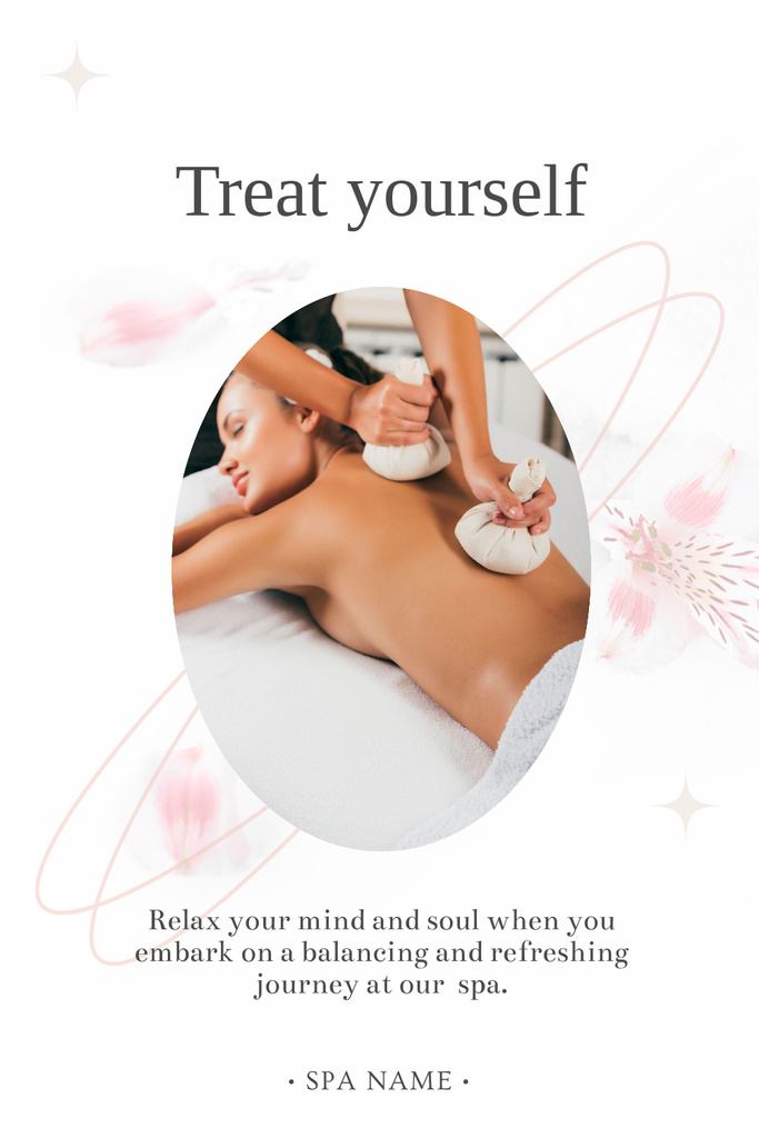 Platilla de diseño Beautiful Young Woman Having Back Massage with Herbal Pouches Pinterest