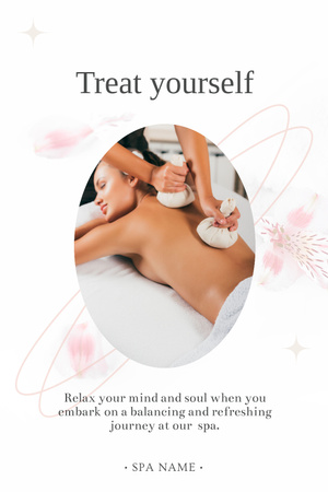 Beautiful Young Woman Having Back Massage with Herbal Pouches Pinterest Design Template