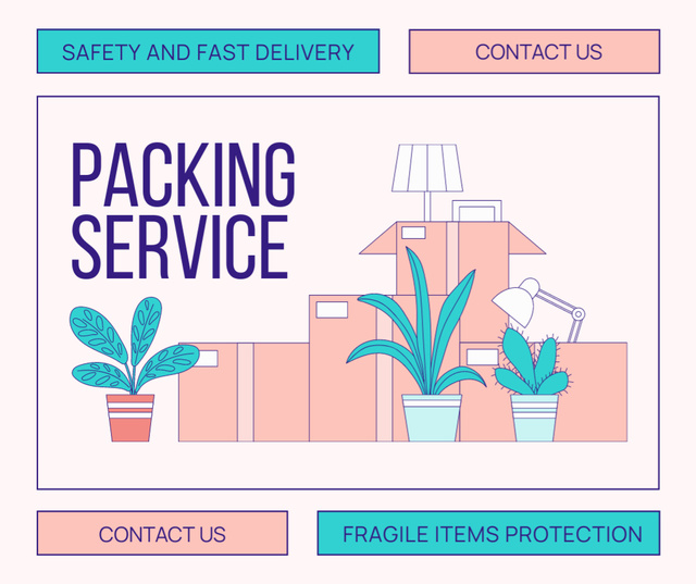 Ontwerpsjabloon van Facebook van Packing Services Ad with Home Stuff in and near Boxes