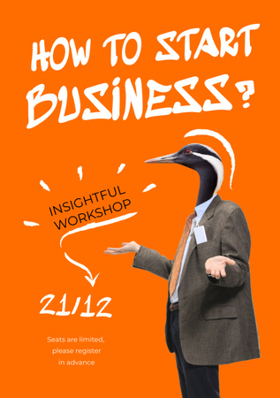 Business Event Announcement with Funny Bird in Suit Flyer A5 Design Template