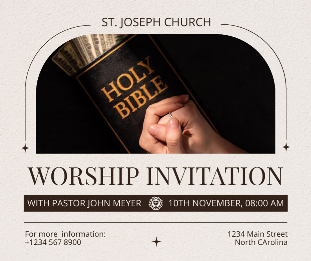 Modèle de visuel Worship Invitation with Holy Bible - Facebook
